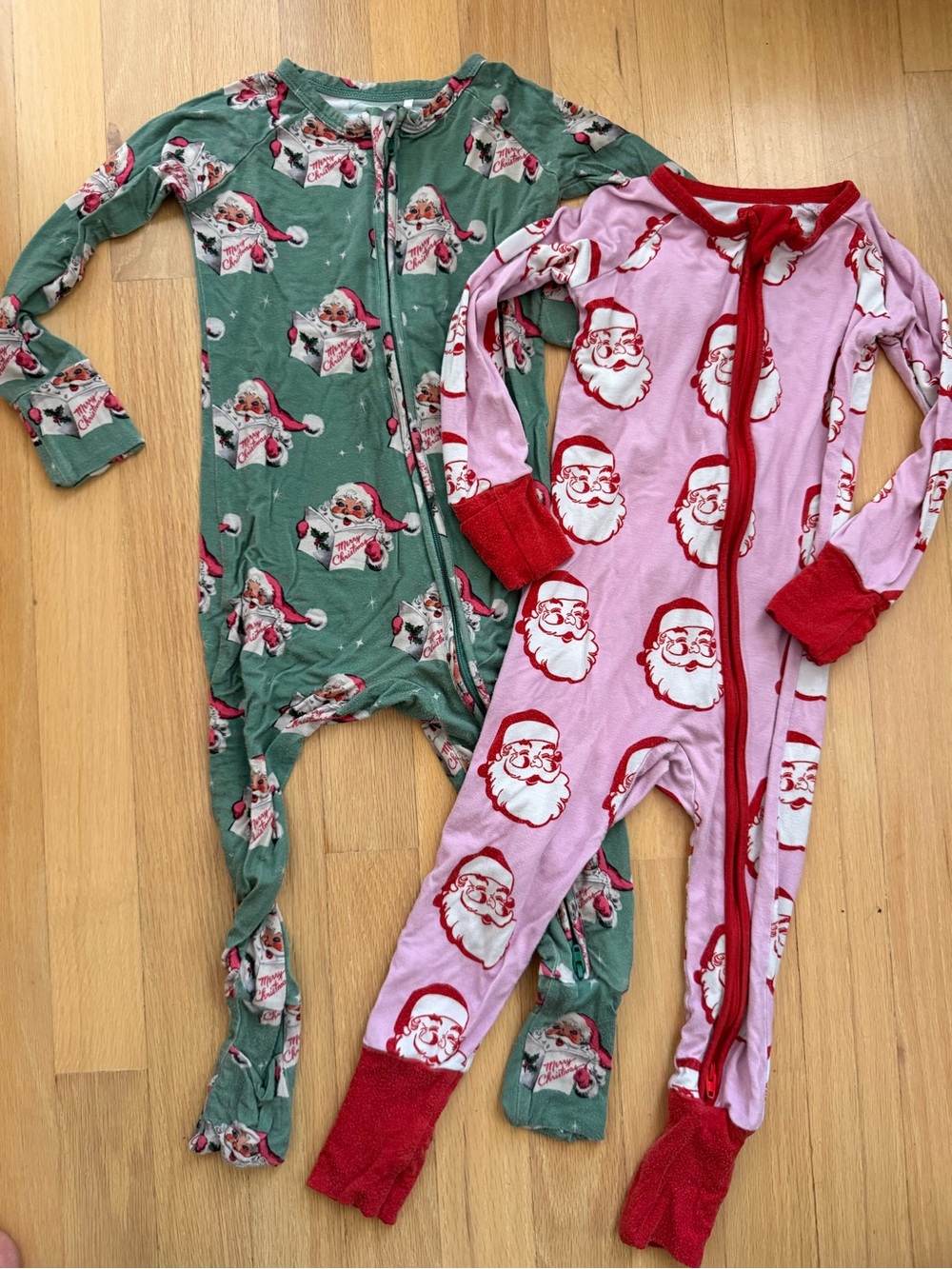 Velveteen Santa Print Kids Footie Pajamas in Green & Pink